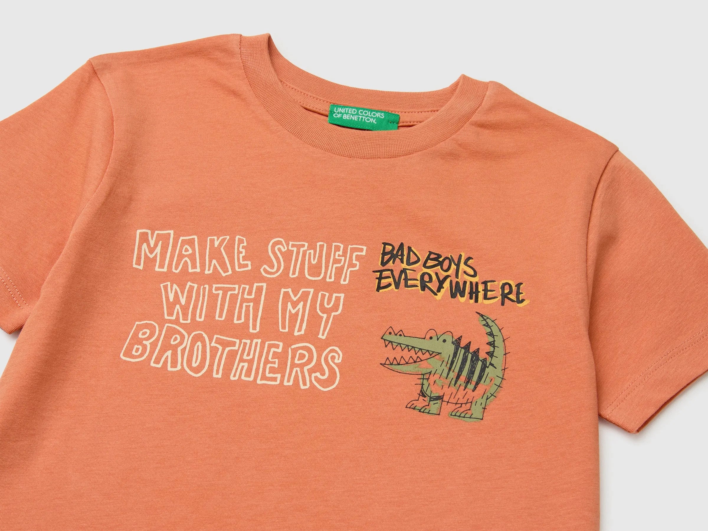 Benetton Orange Boys Crew Neck T-Shirt with Print SKU: 3I1XG10NC_0D1 Image 03
