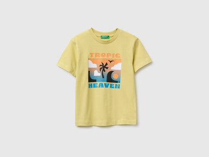 Benetton Yellow Boys Crew Neck T-Shirt with Print SKU: 3I1XG10NC_228 Image 01