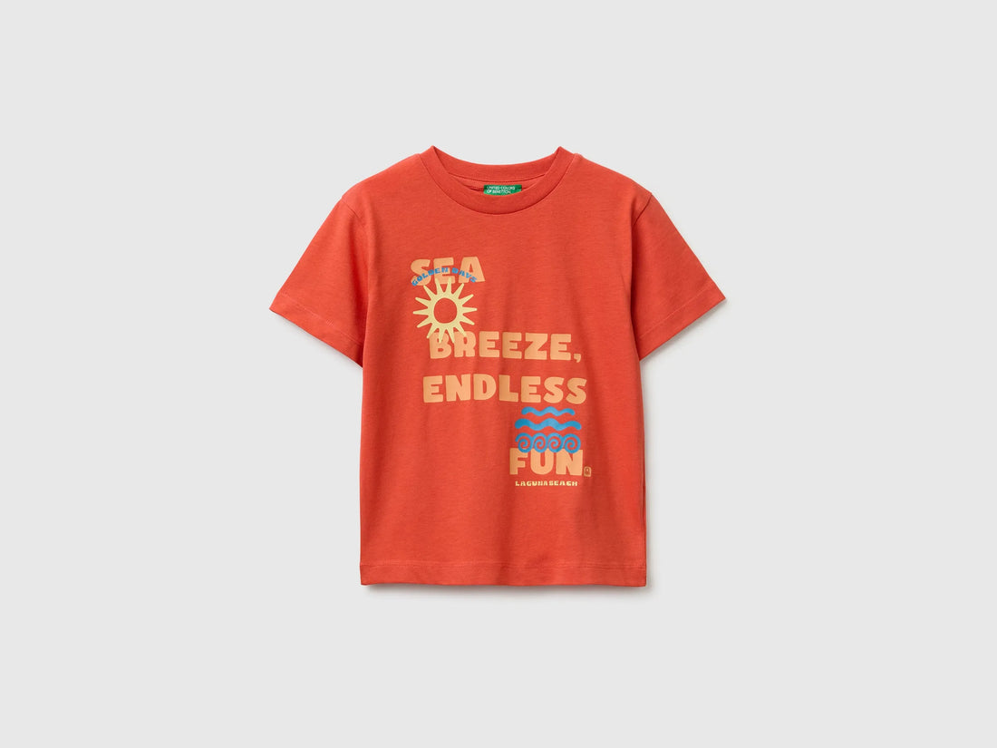 Benetton Red Boys Crew Neck T-Shirt with Print SKU: 3I1XG10NC_34Y Image 01