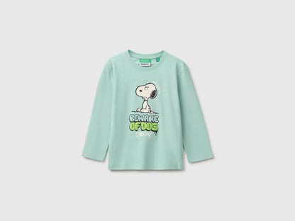 Benetton Light Green Boys T-Shirt with Puffy Print ©Peanuts SKU: 3I1XG10NF_15A Image 01