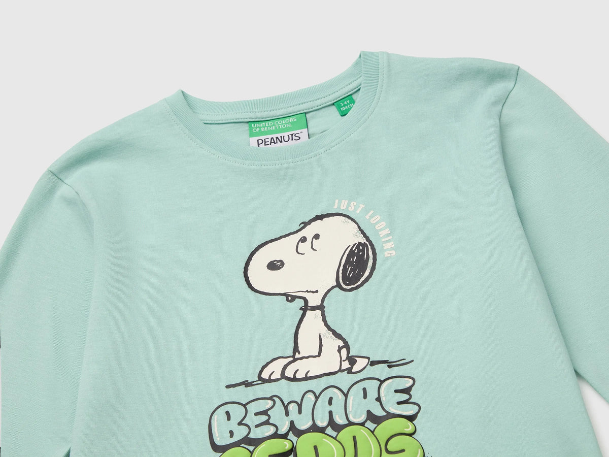 Benetton Light Green Boys T-Shirt with Puffy Print ©Peanuts SKU: 3I1XG10NF_15A Image 03