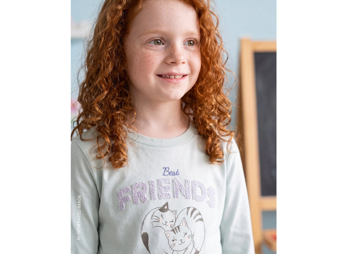Benetton Light Green Girls Organic Cotton Embroidered T-Shirt SKU: 3I1XG10NH_00M Image 01