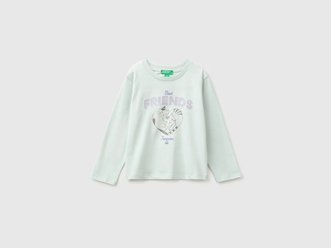 Benetton Light Green Girls Organic Cotton Embroidered T-Shirt SKU: 3I1XG10NH_00M Image 02