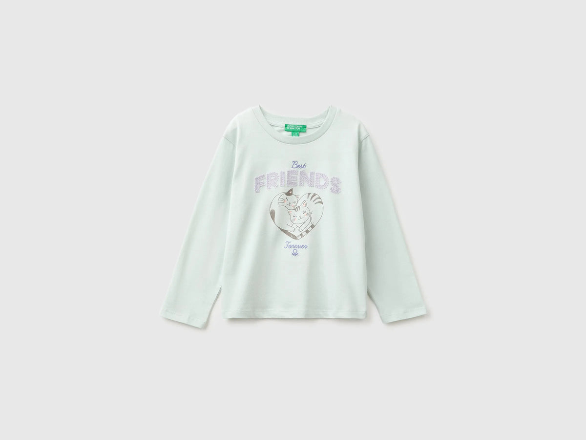 Benetton Light Green Girls Organic Cotton Embroidered T-Shirt SKU: 3I1XG10NH_00M Image 02
