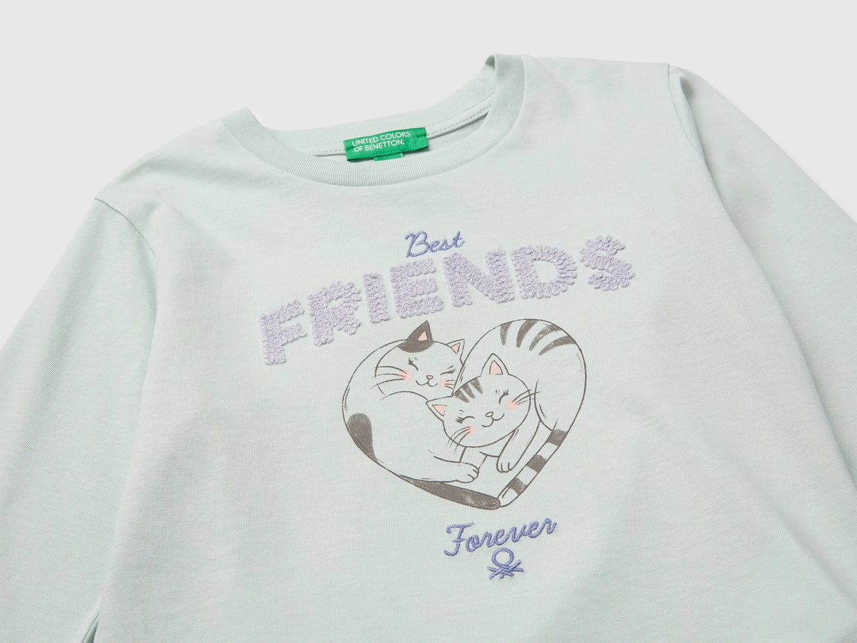 Benetton Light Green Girls Organic Cotton Embroidered T-Shirt SKU: 3I1XG10NH_00M Image 04