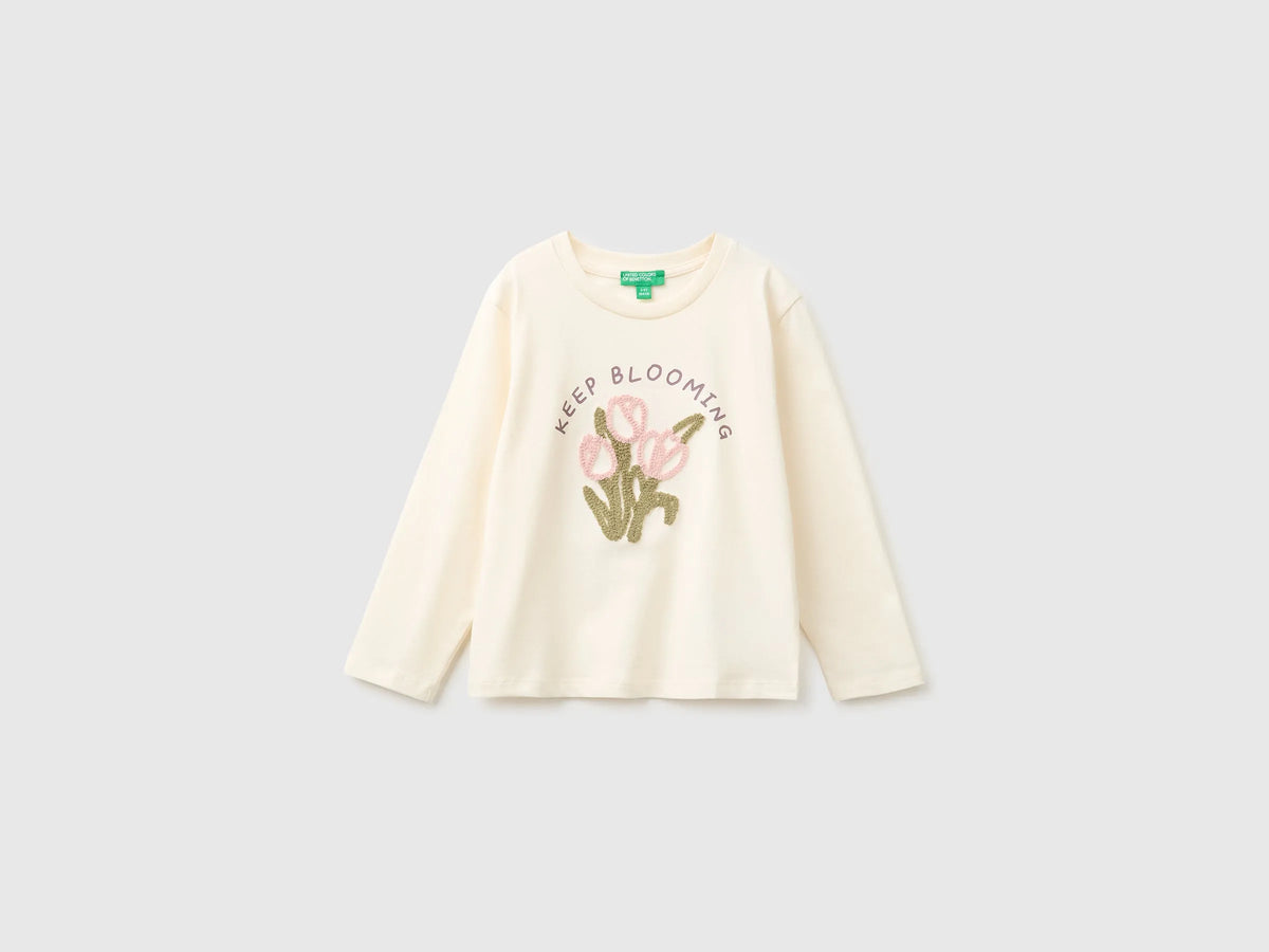 Benetton Creamy White Girls Organic Cotton Embroidered T-Shirt SKU: 3I1XG10NH_0R2 Image 01
