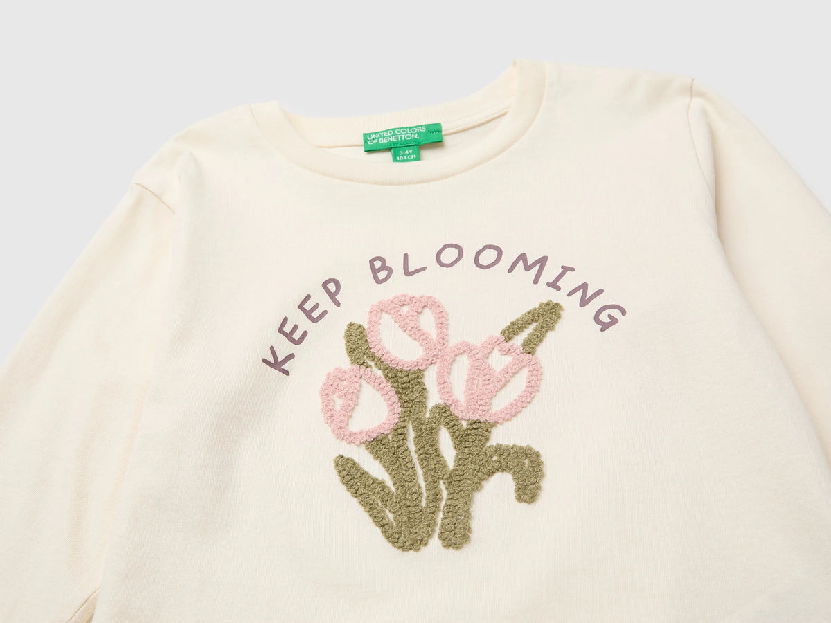 Benetton Creamy White Girls Organic Cotton Embroidered T-Shirt SKU: 3I1XG10NH_0R2 Image 03
