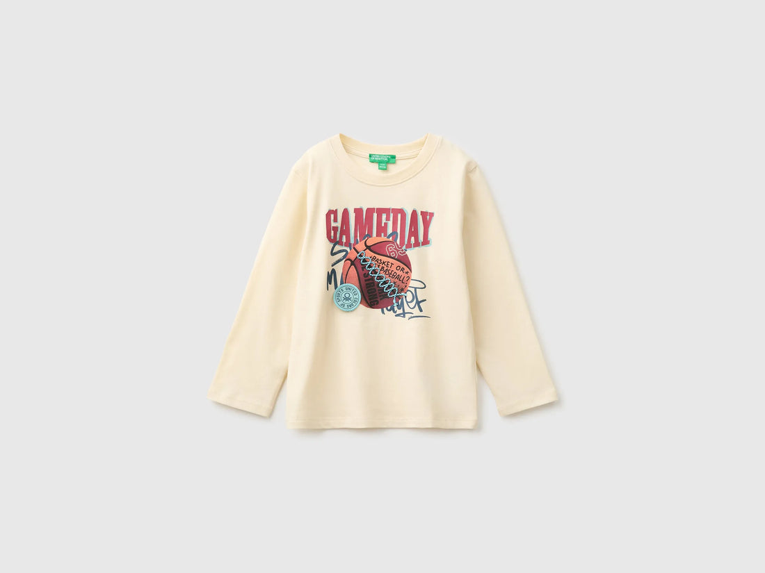 Benetton Creamy White Boys T-Shirt with Print and Embroidery SKU: 3I1XG10NL_3C9 Image 01