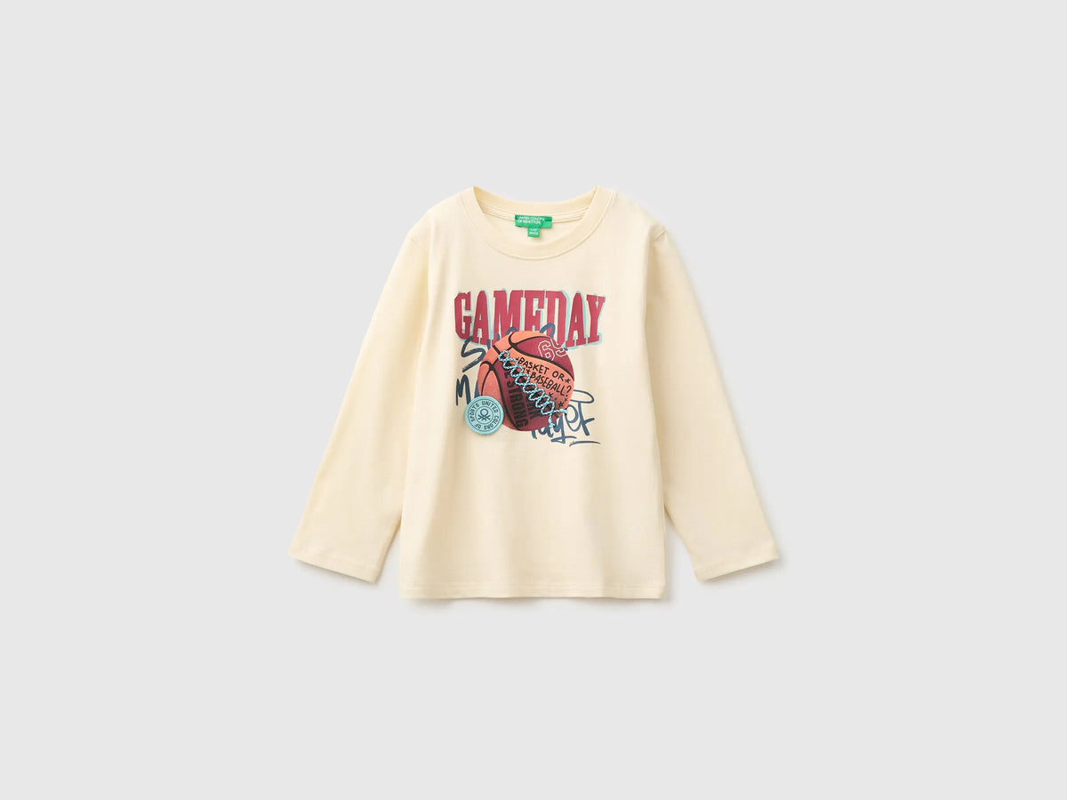 Benetton Creamy White Boys T-Shirt with Print and Embroidery SKU: 3I1XG10NL_3C9 Image 01
