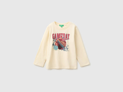 Benetton Creamy White Boys T-Shirt with Print and Embroidery SKU: 3I1XG10NL_3C9 Image 01