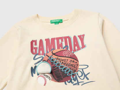 Benetton Creamy White Boys T-Shirt with Print and Embroidery SKU: 3I1XG10NL_3C9 Image 03