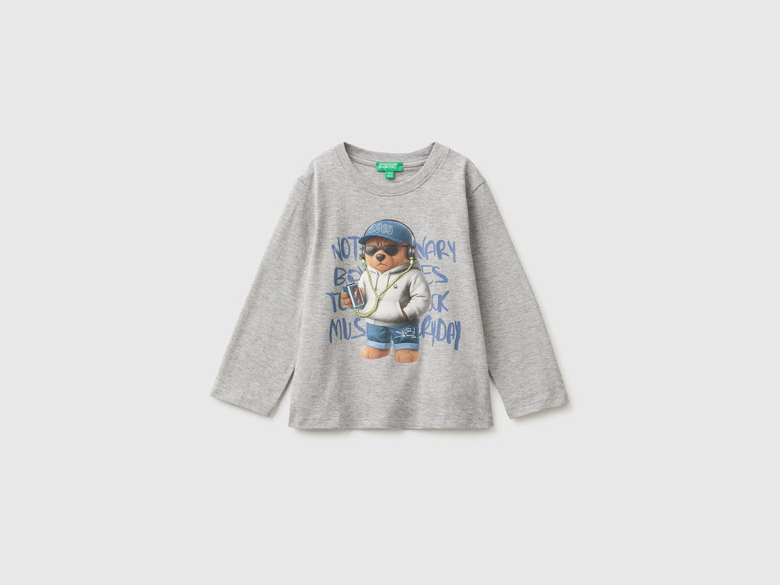 Benetton Light Gray Boys T-Shirt with Print and Embroidery SKU: 3I1XG10NL_501 Image 01