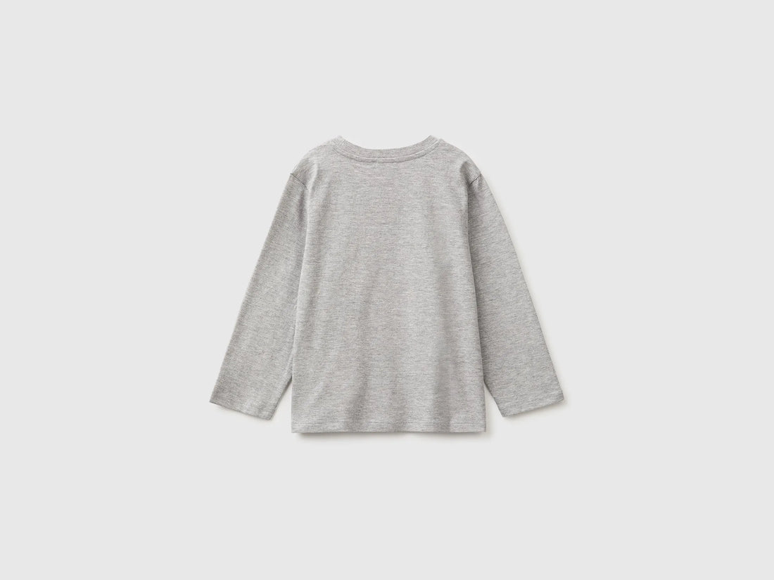 Benetton Light Gray Boys T-Shirt with Print and Embroidery SKU: 3I1XG10NL_501 Image 02
