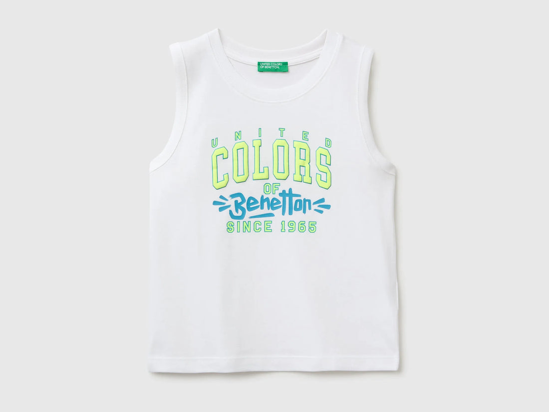 Benetton White Boys Organic Cotton Tank Top with Logo Print SKU: 3I1XGH015_101 Image 01
