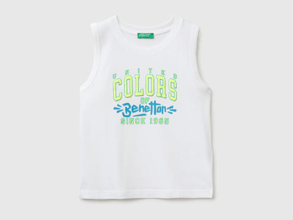 Benetton White Boys Organic Cotton Tank Top with Logo Print SKU: 3I1XGH015_101 Image 01