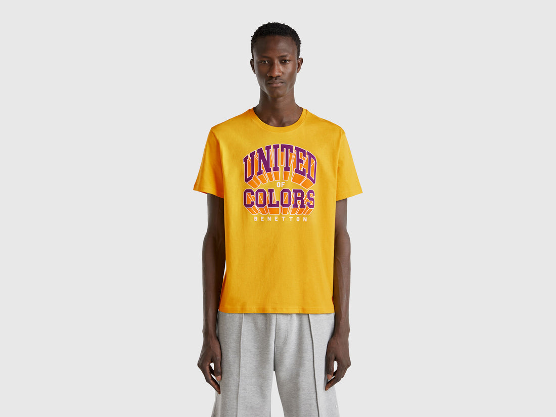 Benetton_Yellow T-Shirt in Cotton with Purple Logo_3I1XU1096_01P_01