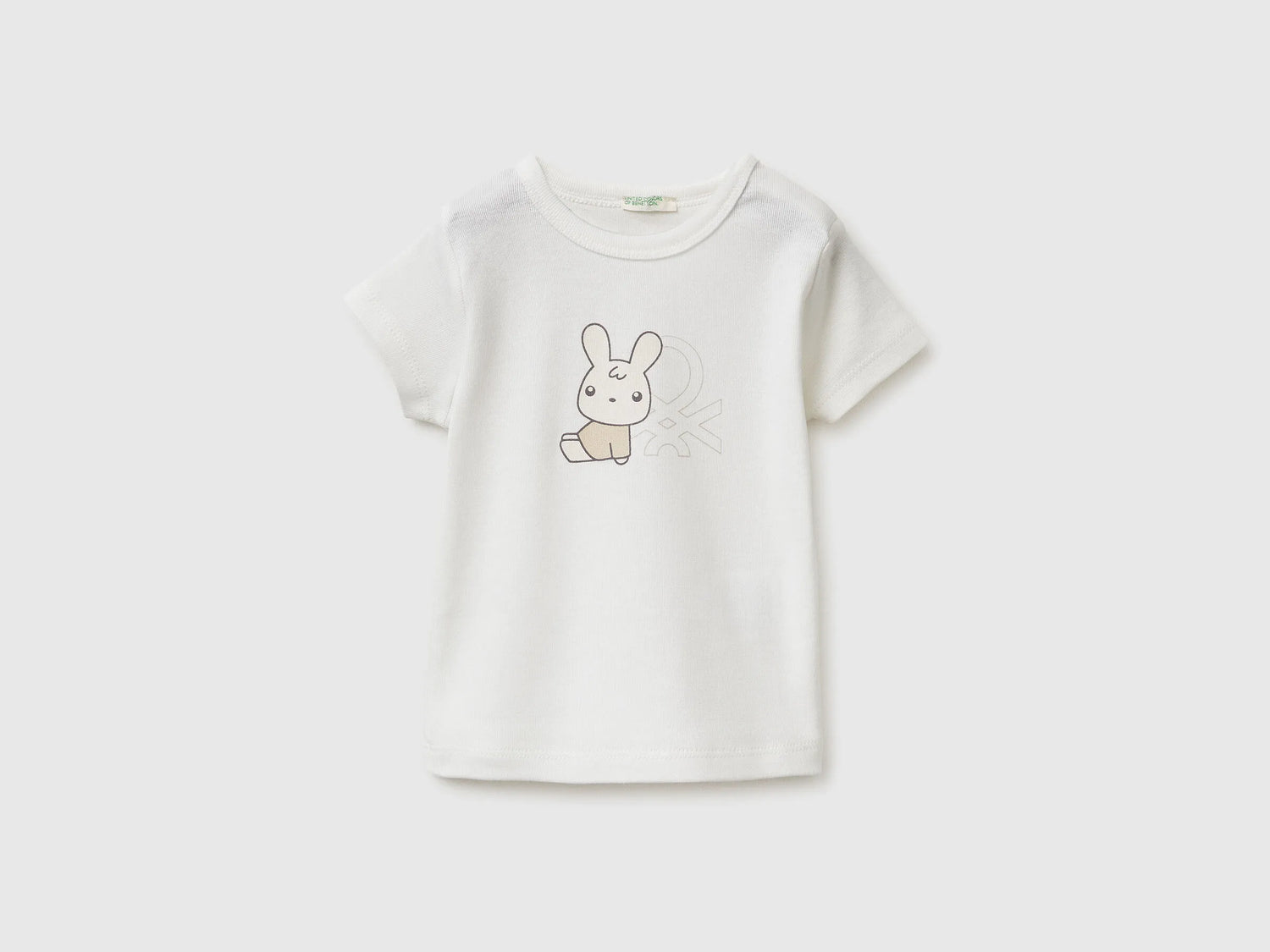 Benetton Creamy White New Born Logo Print T-Shirt in Organic Cotton SKU: 3I9WA1072_074 Image 01