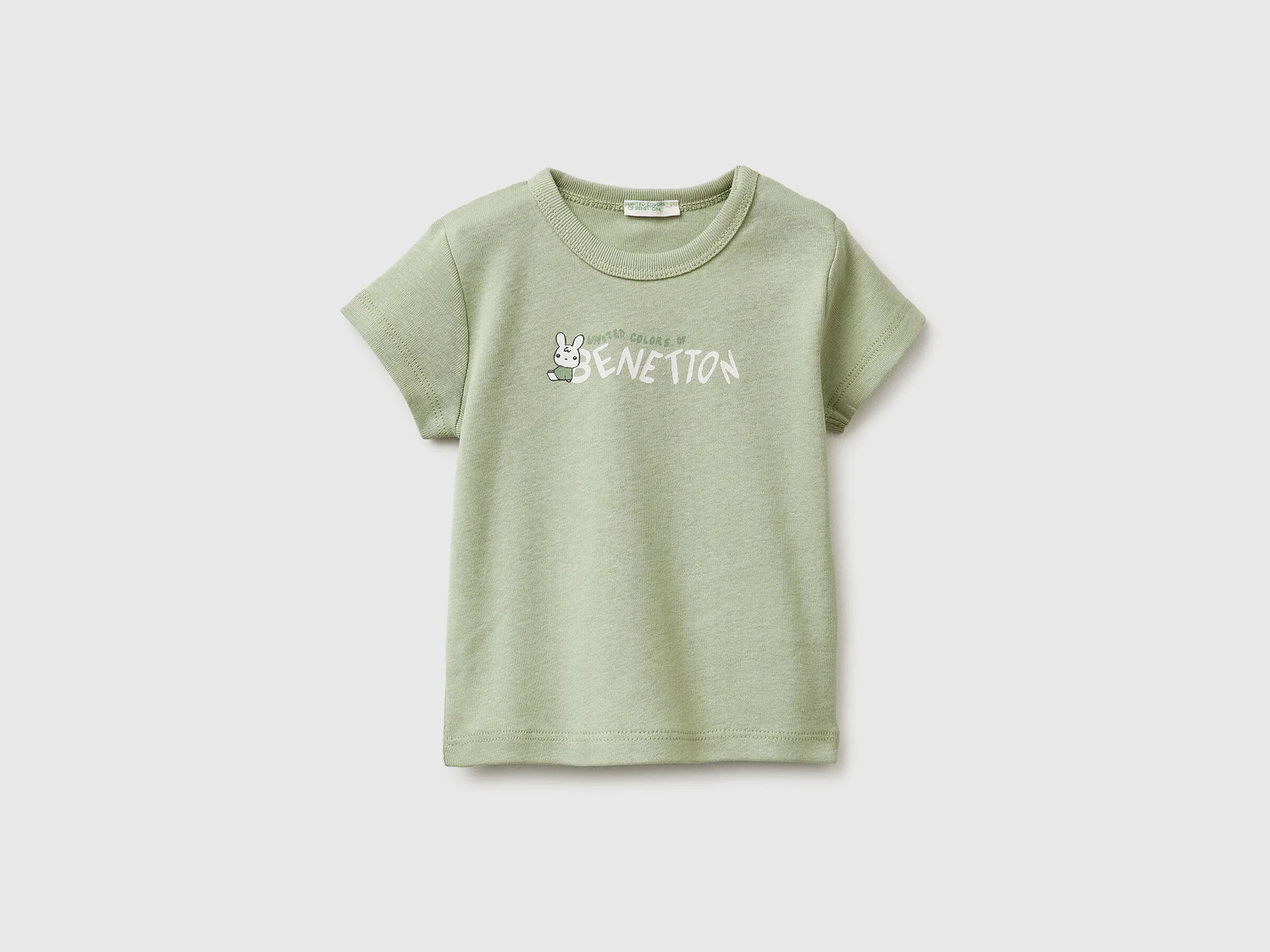 Benetton Light Green New Born Logo Print T-Shirt in Organic Cotton SKU: 3I9WA1072_218 Image 01