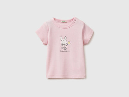 Benetton Pink Girls Logo Print T-Shirt in Organic Cotton SKU: 3I9WA1072_25F Image 01