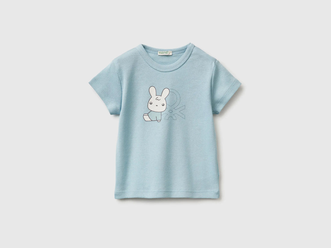 Benetton Sky Blue New Born Logo Print T-Shirt in Organic Cotton SKU: 3I9WA1072_33W Image 01