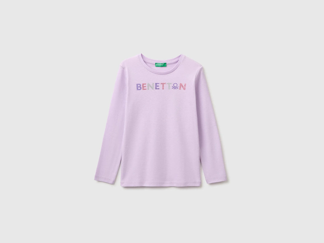 Benetton Lilac Girls Long-Sleeved T-Shirt with Glitter Print SKU: 3I9WC10JR_054 Image 01