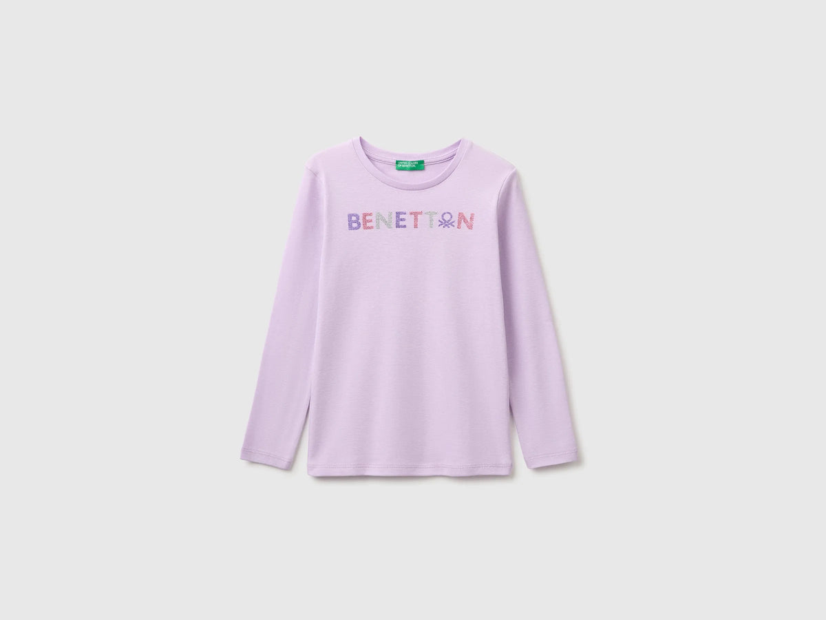 Benetton Lilac Girls Long-Sleeved T-Shirt with Glitter Print SKU: 3I9WC10JR_054 Image 01