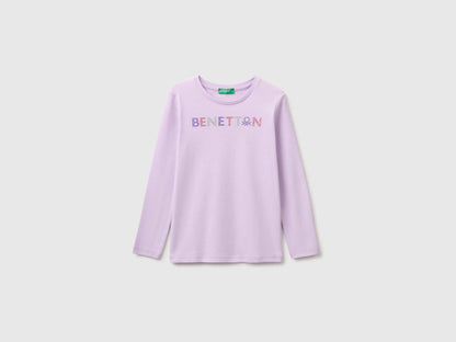 Benetton Lilac Girls Long-Sleeved T-Shirt with Glitter Print SKU: 3I9WC10JR_054 Image 01