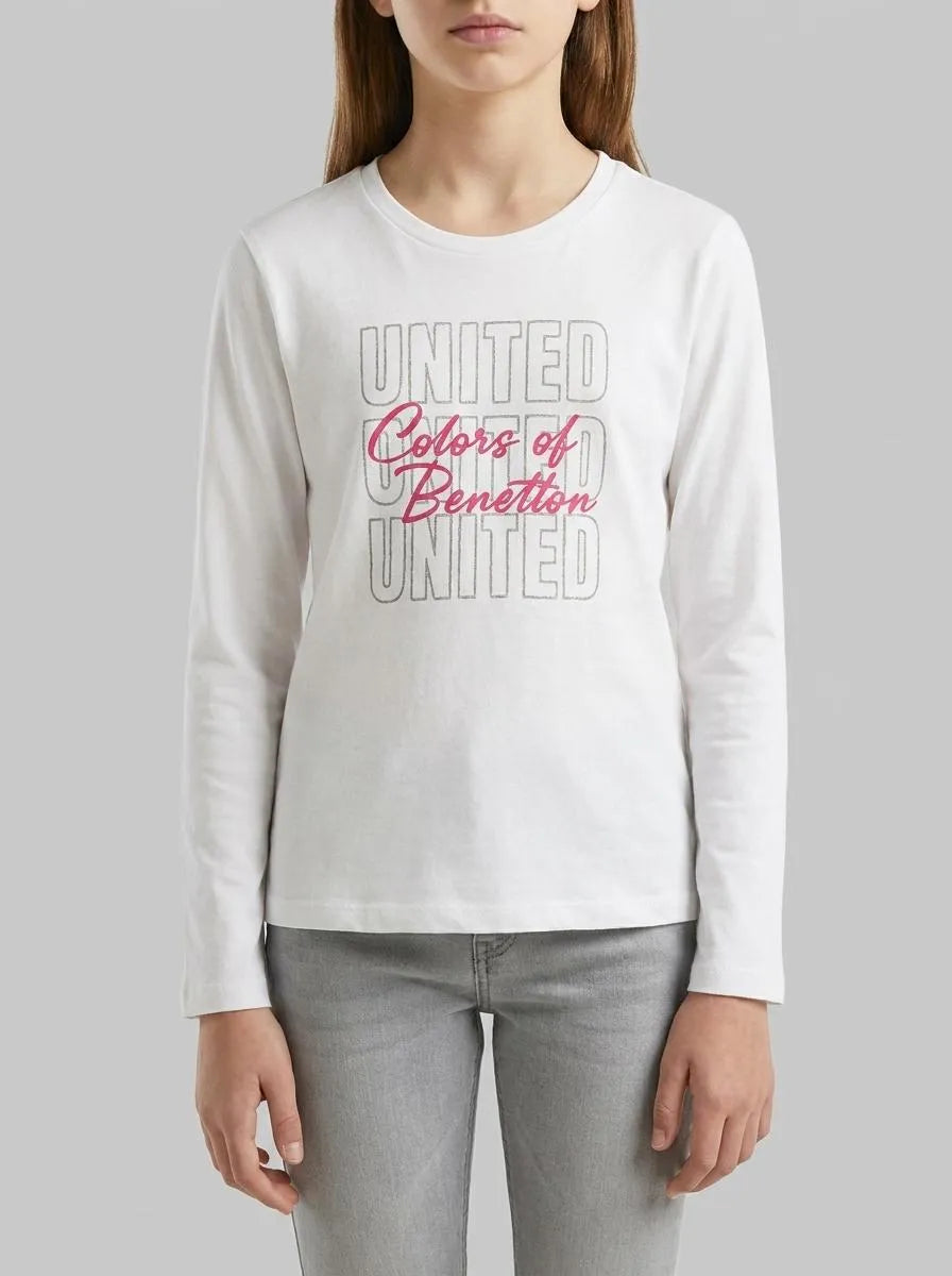 Benetton White Girls T-Shirt with Glittery Logo in Organic Cotton SKU: 3I9WC10S7_101 Image 00