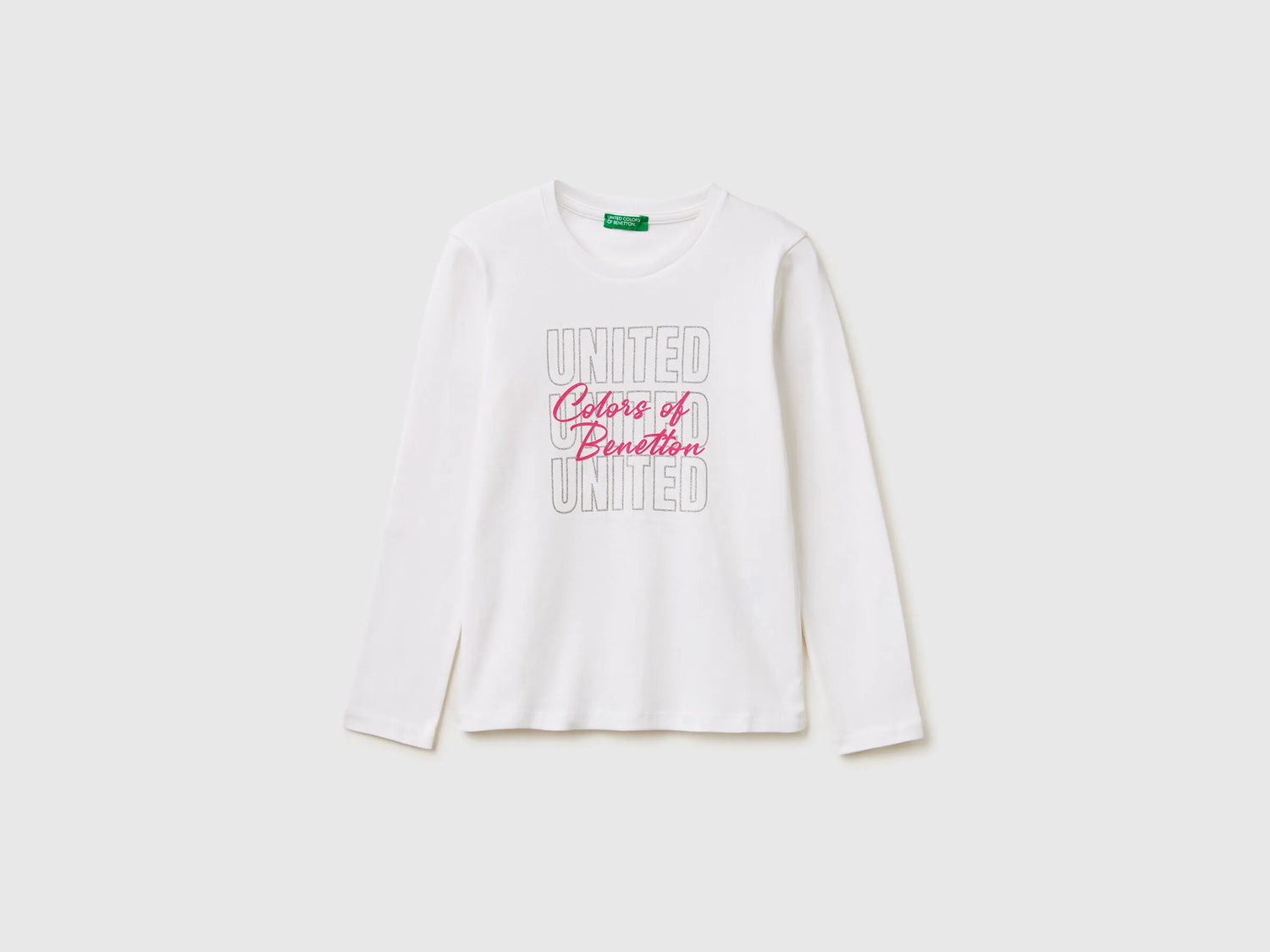 Benetton White Girls T-Shirt with Glittery Logo in Organic Cotton SKU: 3I9WC10S7_101 Image 01