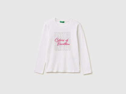 Benetton White Girls T-Shirt with Glittery Logo in Organic Cotton SKU: 3I9WC10S7_101 Image 01