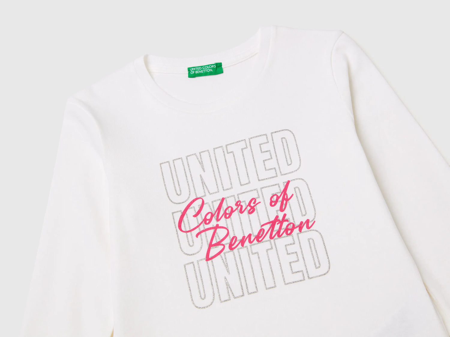 Benetton White Girls T-Shirt with Glittery Logo in Organic Cotton SKU: 3I9WC10S7_101 Image 03