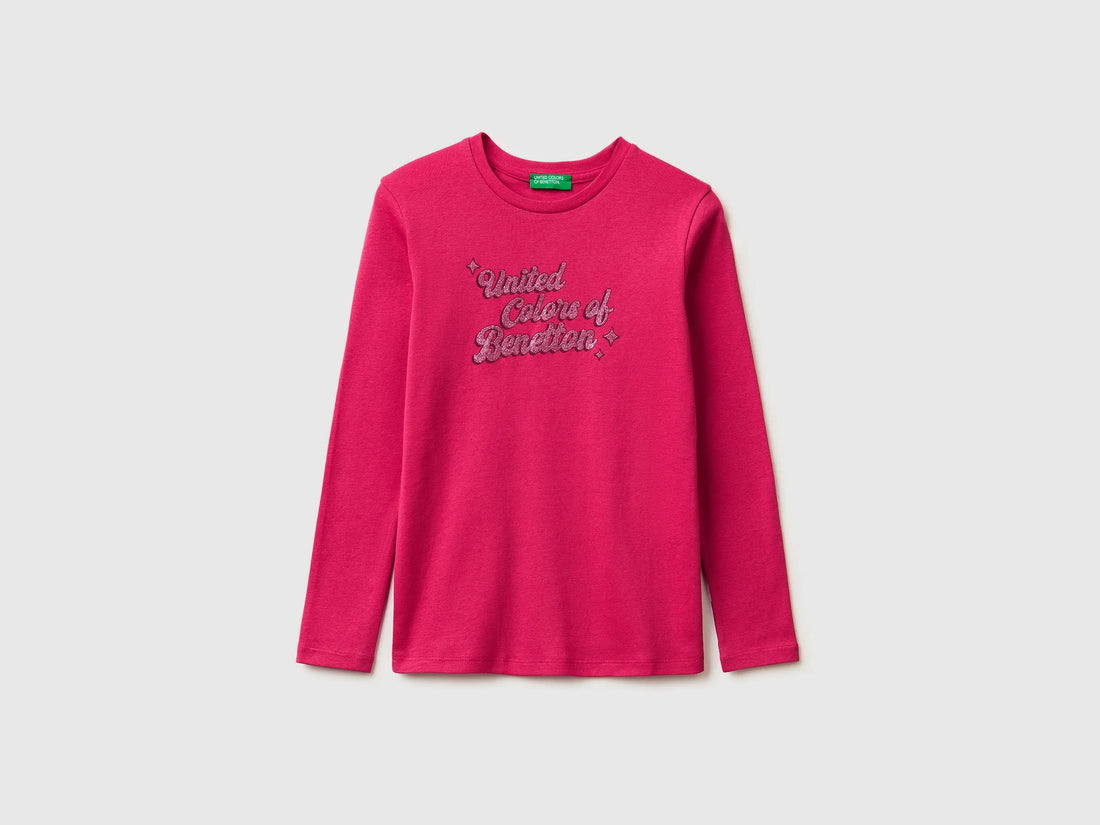 Benetton Fuchsia Girls T-Shirt with Glittery Logo in Organic Cotton SKU: 3I9WC10S7_12E Image 01