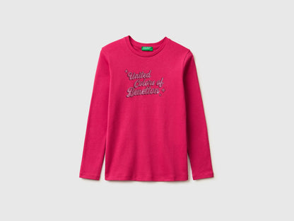 Benetton Fuchsia Girls T-Shirt with Glittery Logo in Organic Cotton SKU: 3I9WC10S7_12E Image 01