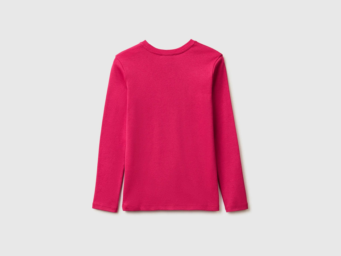 Benetton Fuchsia Girls T-Shirt with Glittery Logo in Organic Cotton SKU: 3I9WC10S7_12E Image 02
