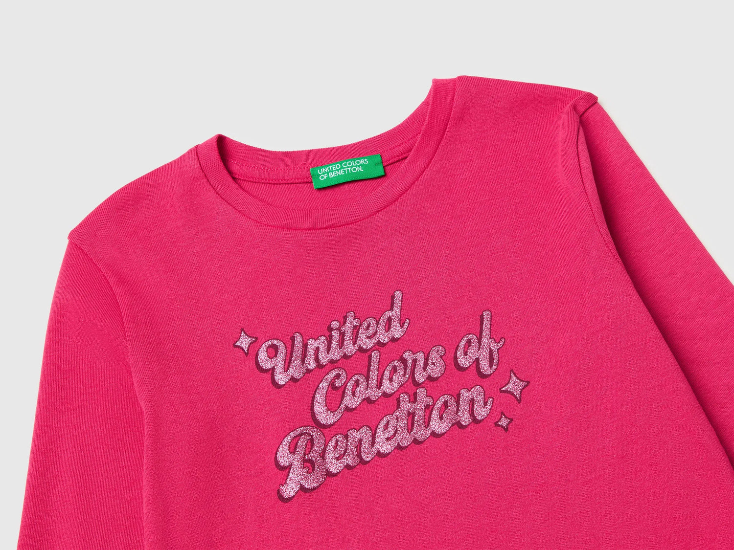 Benetton Fuchsia Girls T-Shirt with Glittery Logo in Organic Cotton SKU: 3I9WC10S7_12E Image 03