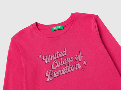 Benetton Fuchsia Girls T-Shirt with Glittery Logo in Organic Cotton SKU: 3I9WC10S7_12E Image 03