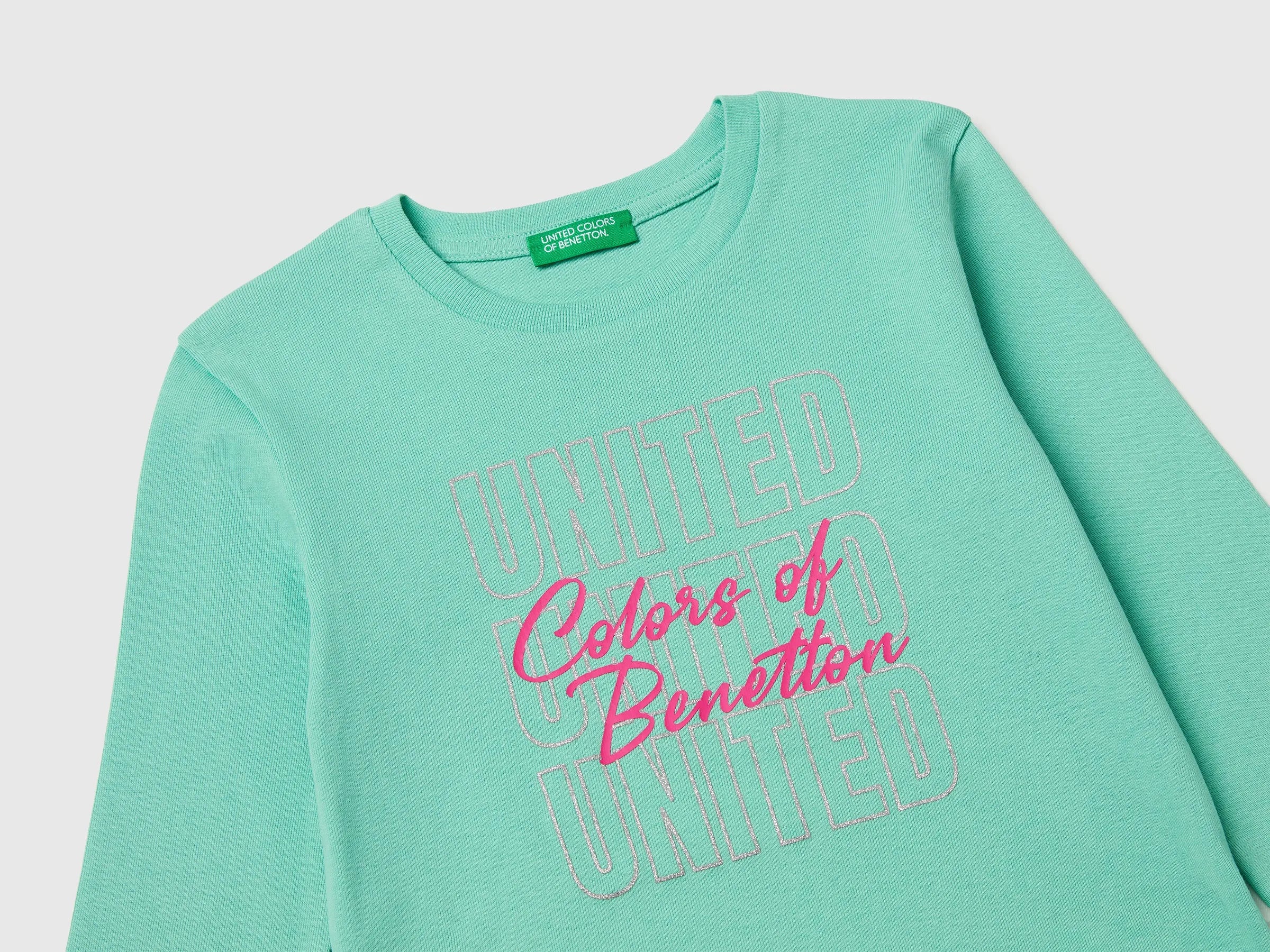 Benetton Aqua Girls T-Shirt with Glittery Logo in Organic Cotton SKU: 3I9WC10S7_13D Image 03