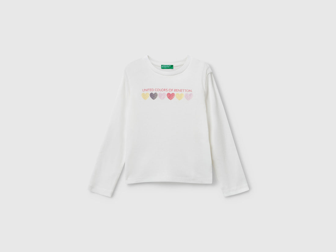 Benetton_Creamy White_T-Shirt with Glittery Logo in Cotton_3I9WG10JS_074_01