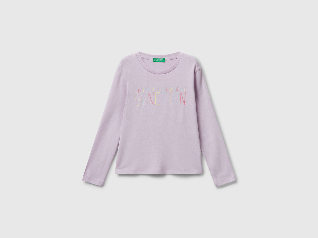 Benetton_Lavender_T-Shirt with Glittery Logo in Cotton_3I9WG10JS_0W1_01