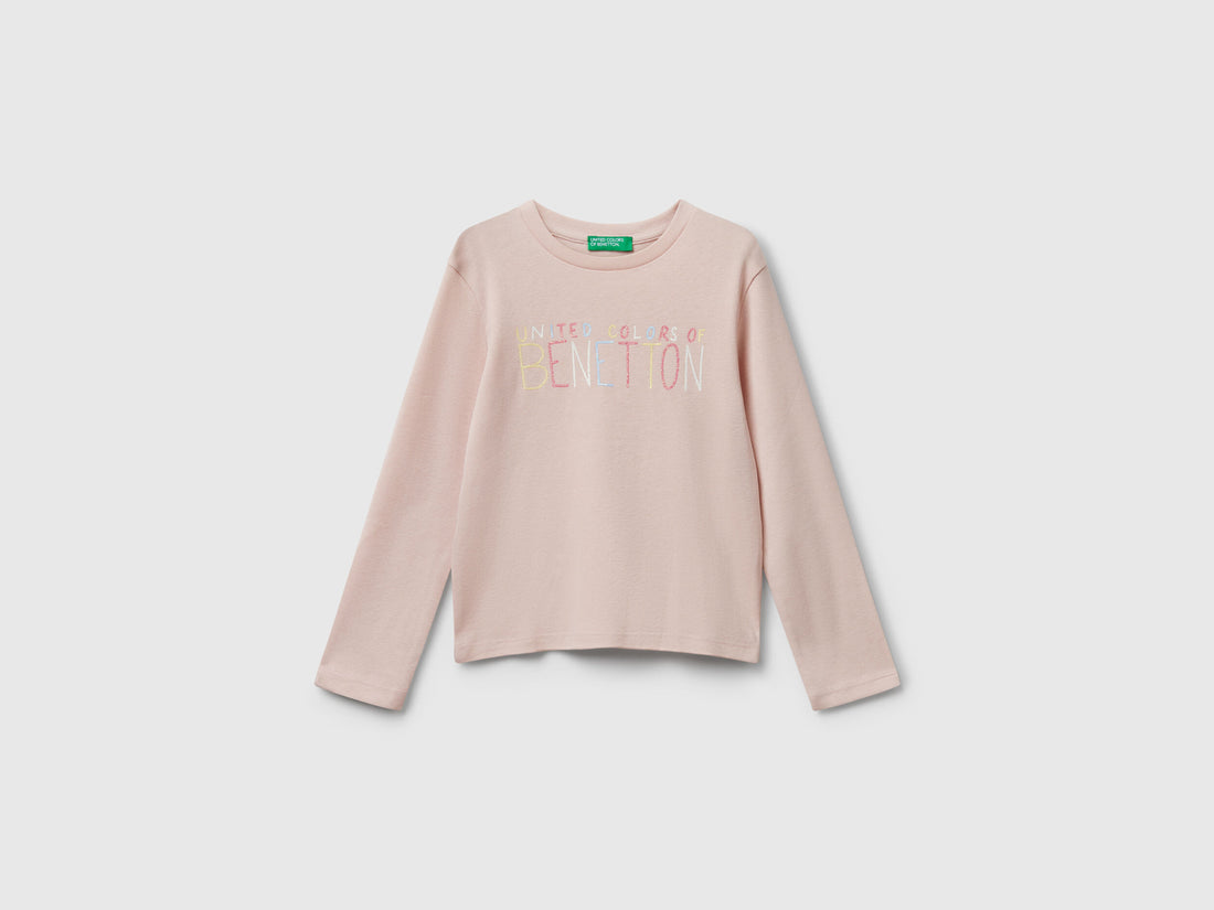 Benetton_Soft Pink_T-Shirt with Glittery Logo in Cotton_3I9WG10JS_12U_01