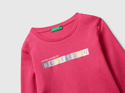 Benetton_Fuchsia_T-Shirt with Glittery Logo in Cotton_3I9WG10JS_1A2_03