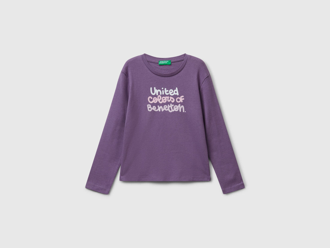 Benetton_Purple_T-Shirt with Glittery Logo in Cotton_3I9WG10JS_1V4_01