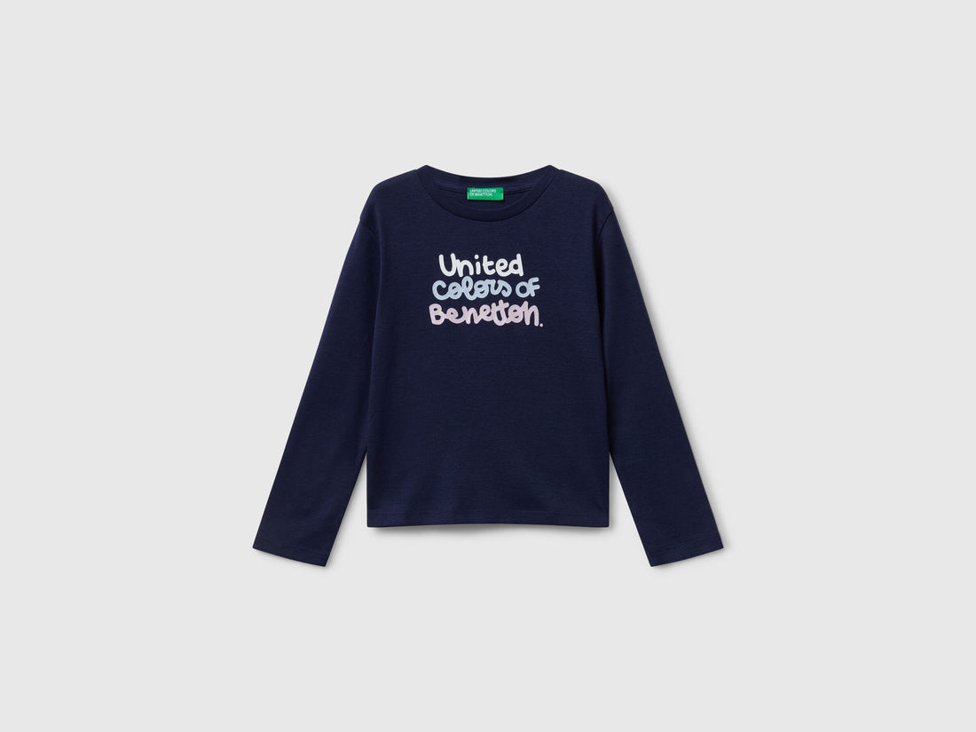 Benetton_Dark Blue_T-Shirt with Glittery Logo in Cotton_3I9WG10JS_252_01