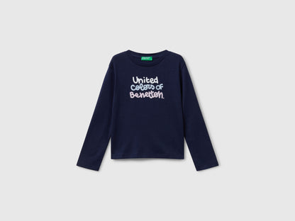 Benetton_Dark Blue_T-Shirt with Glittery Logo in Cotton_3I9WG10JS_252_01