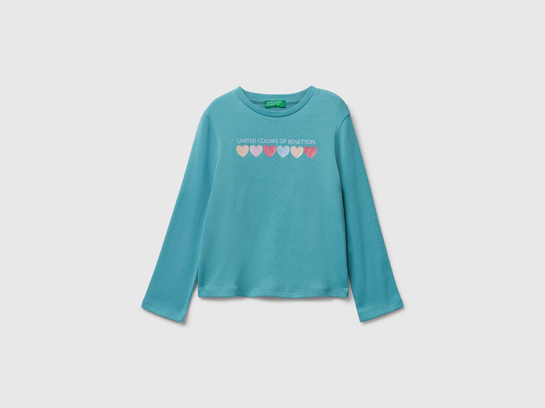 Benetton_Sky Blue_T-Shirt with Glittery Logo in Cotton_3I9WG10JS_33K_01