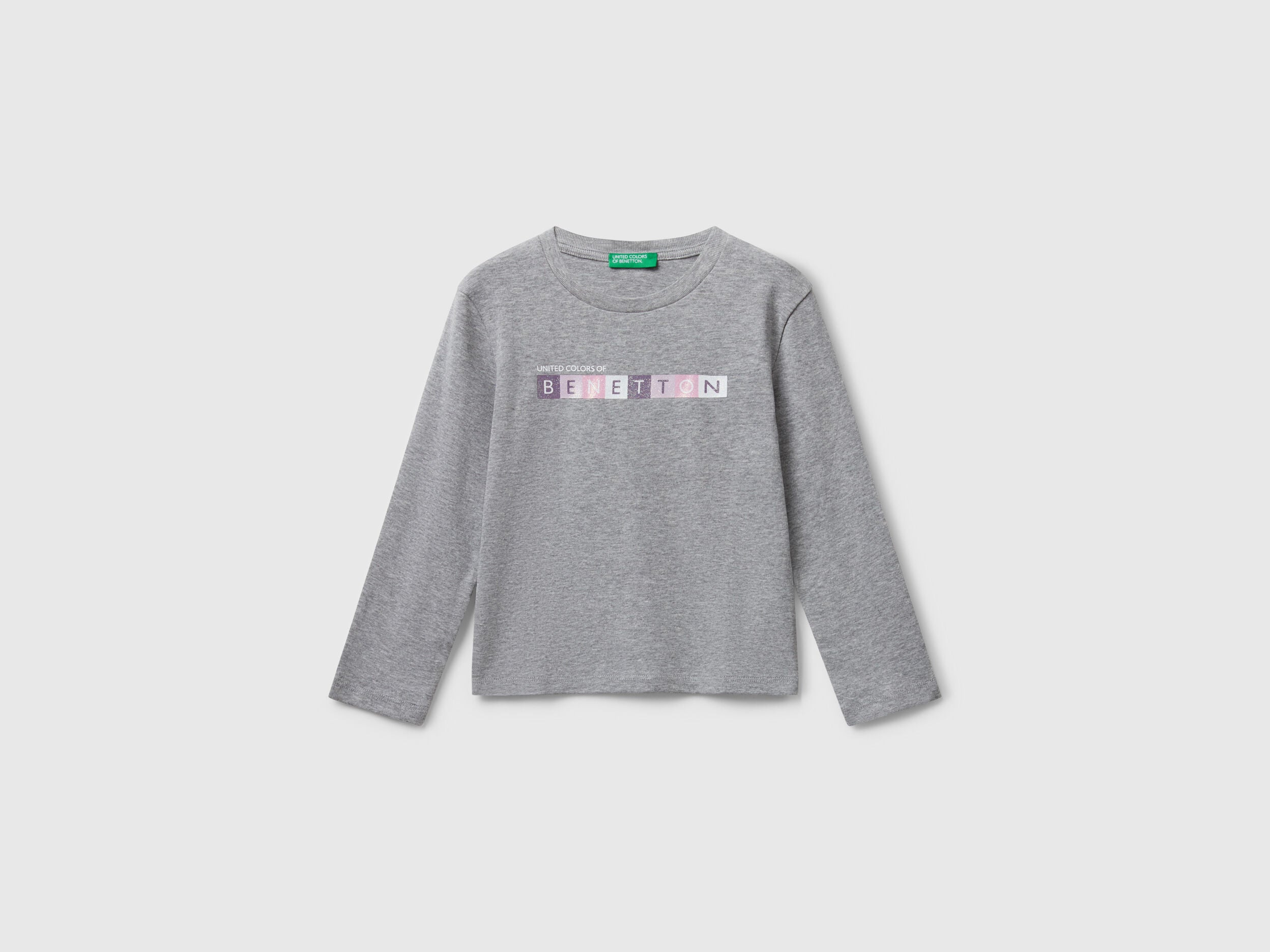Benetton_Light Gray_T-Shirt with Glittery Logo in Cotton_3I9WG10JS_501_01