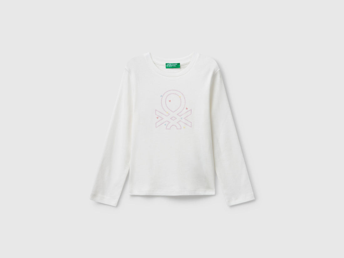 Benetton_White_T-Shirt with Glittery Logo in Cotton_3I9WG10JS_901_01