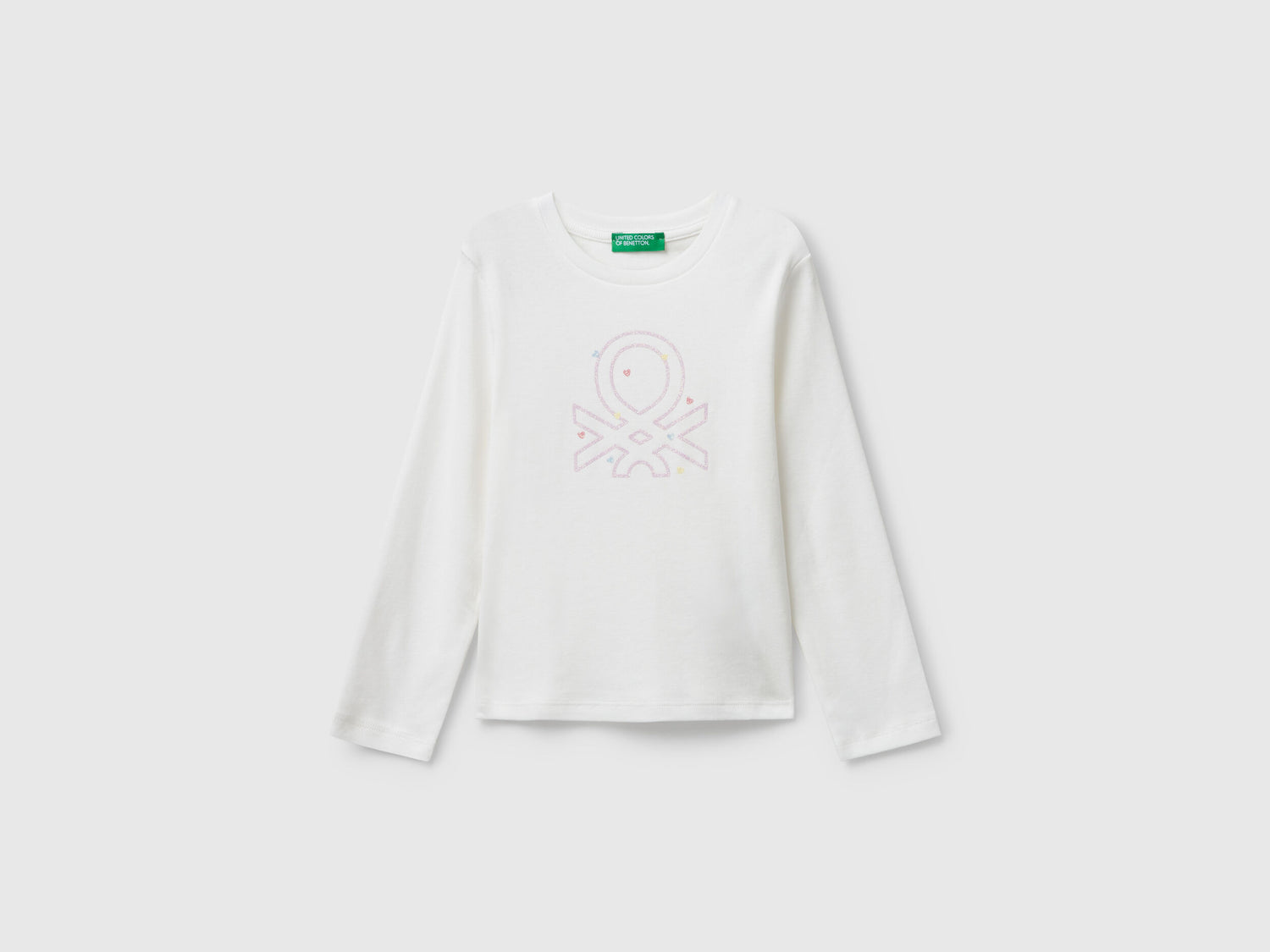 Benetton_White_T-Shirt with Glittery Logo in Cotton_3I9WG10JS_901_01
