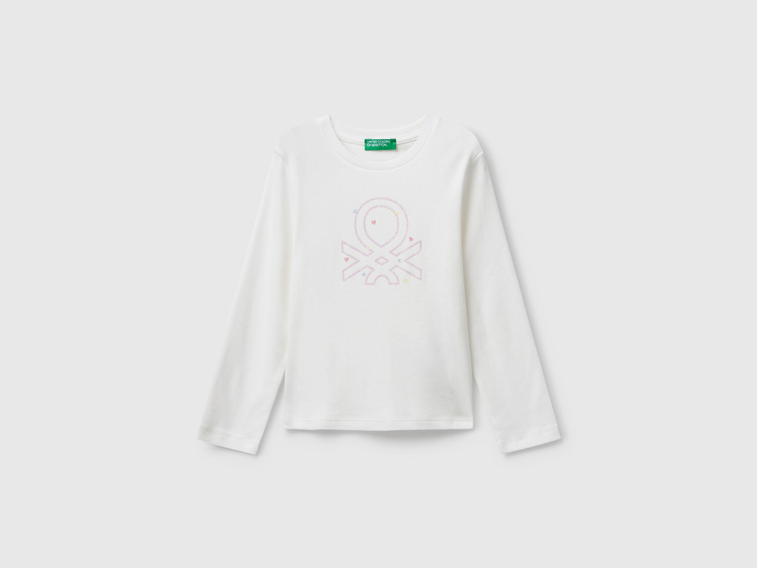 Benetton_White_T-Shirt with Glittery Logo in Cotton_3I9WG10JS_901_01