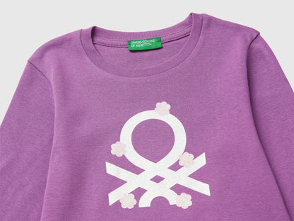 Benetton Purple Girls T-Shirt in Organic Cotton with Glittery Logo SKU: 3I9WG10LT_03L Image 03